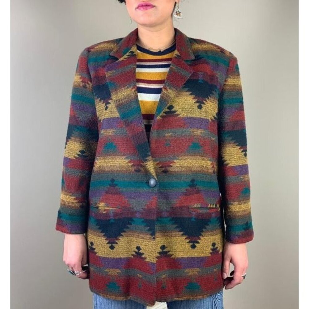 UNITS Womens Vintage 80s Southwestern Aztec Boho Wool Blazer Jacket Size M